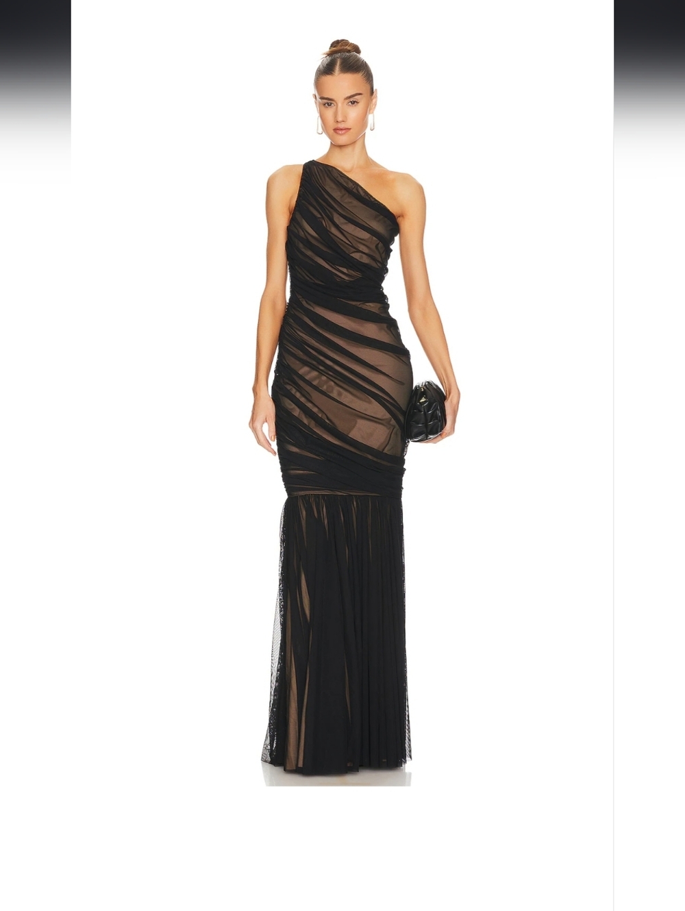 Diana Fishtail Gown in Black Mesh & Nude - Picture 1 of 3